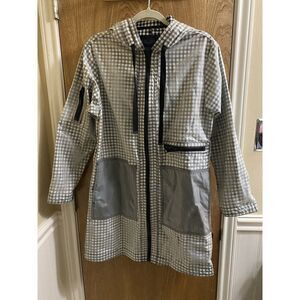 Rachel Roy Women's Gingham Raincoat Black White Plaid Clear Liner Zippers Size S